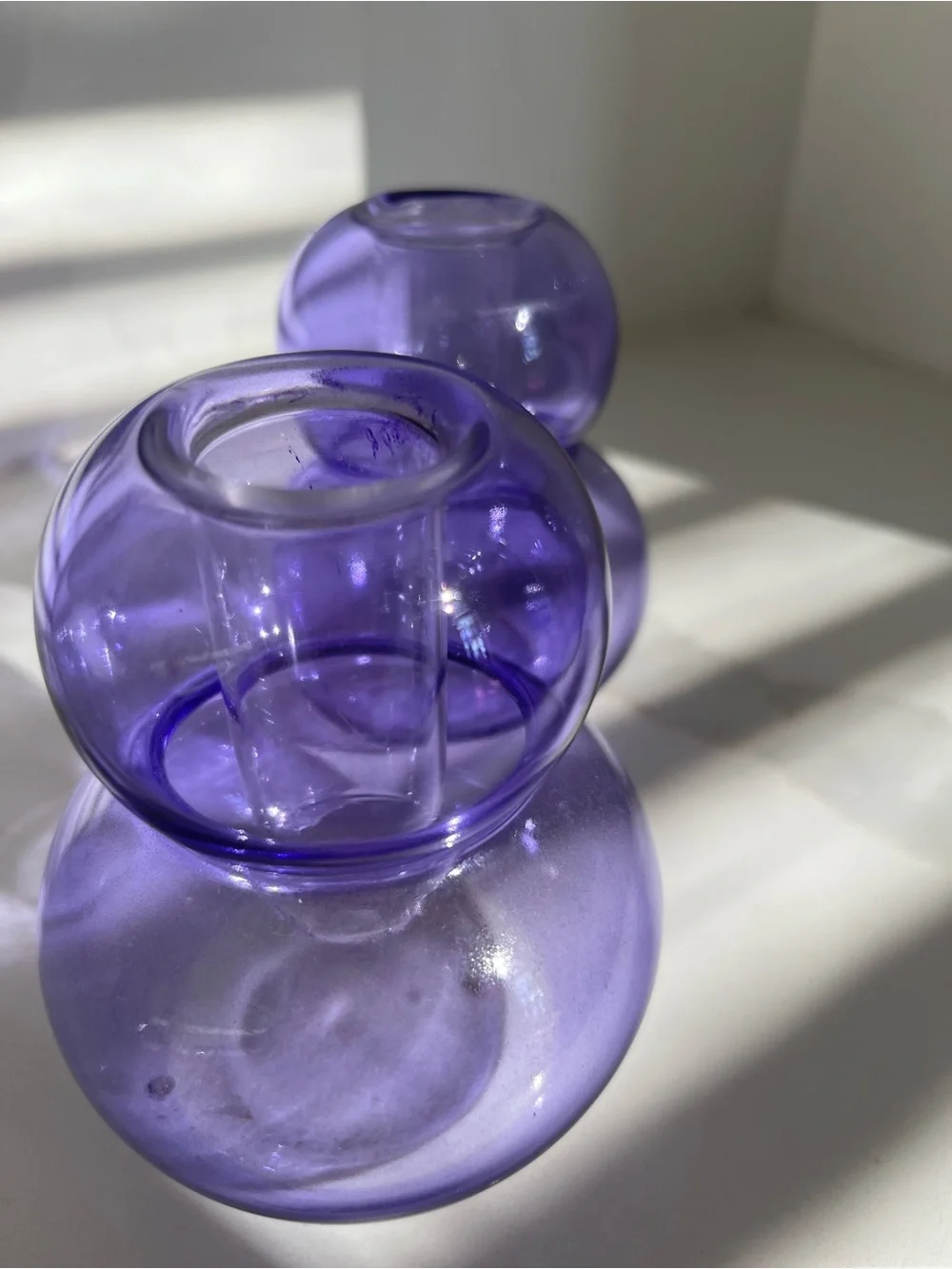 Purple Glass Taper Candle Holders Set of 2 Sculptural Violet Double-bulb Shape